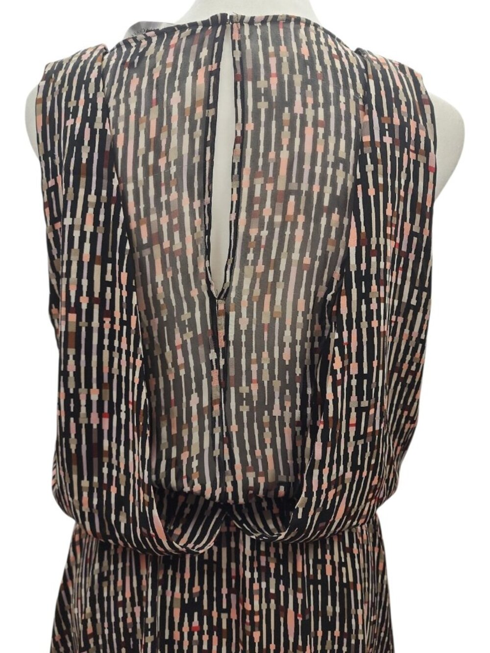 Boho Chic Geometric Print Blouson Dress Studded V-Neck Retro Mod Sz 6 - Picture 7 of 12
